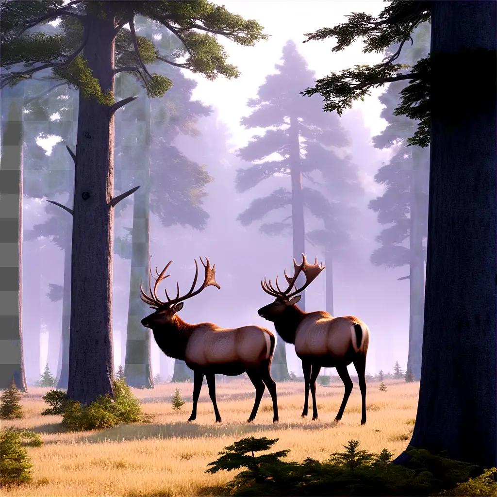 霧の森に2頭の鹿