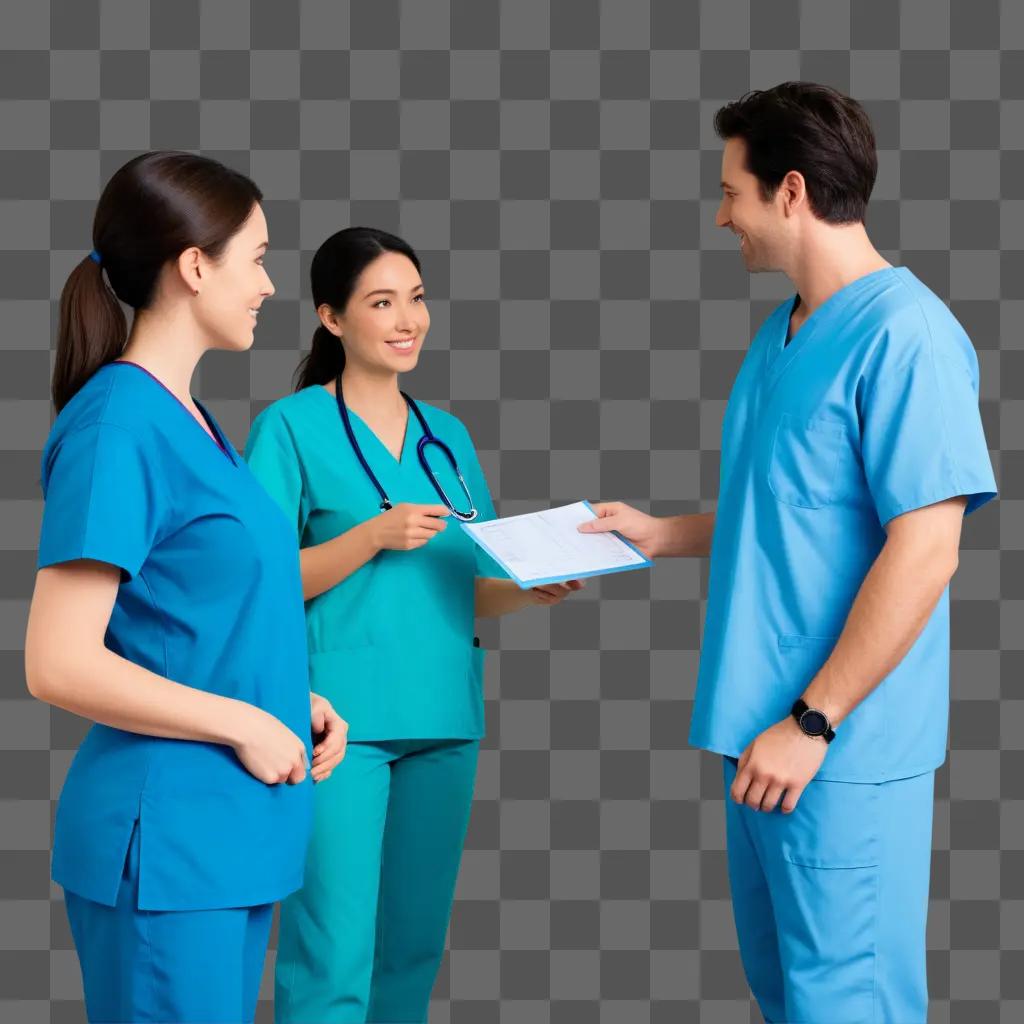 Two doctors in scrubs talk with patient