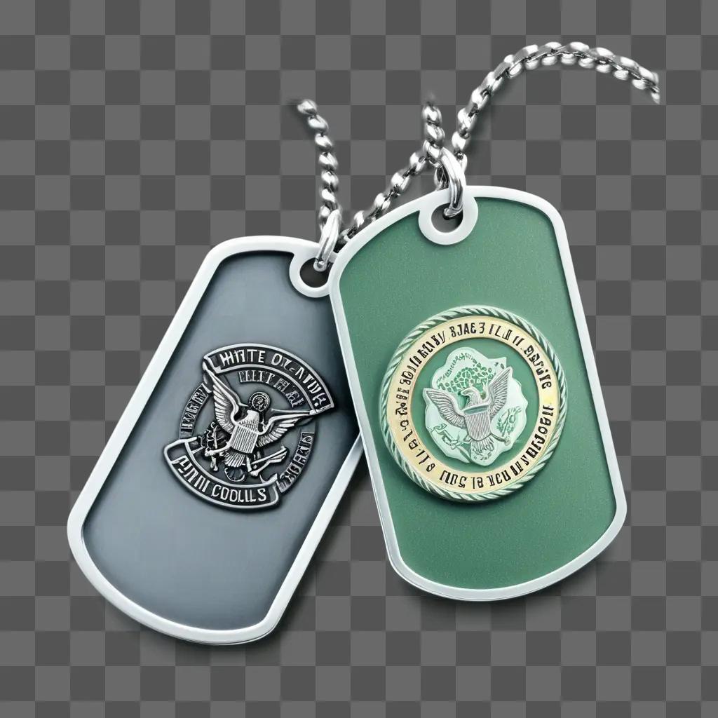 Two dog tags on a chain, one with a medal on it