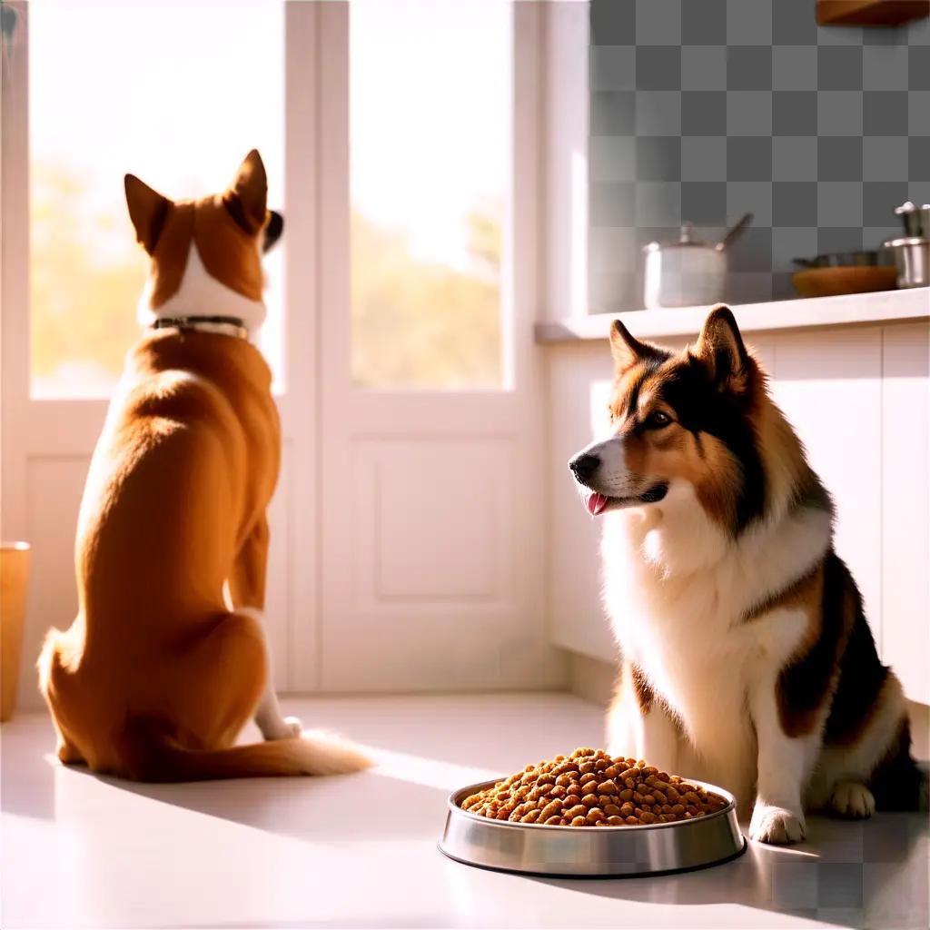 Two dogs eat dog food from a bowl