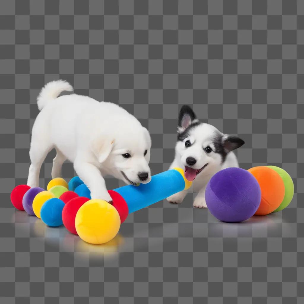 Two dogs play with a colorful toy in a room