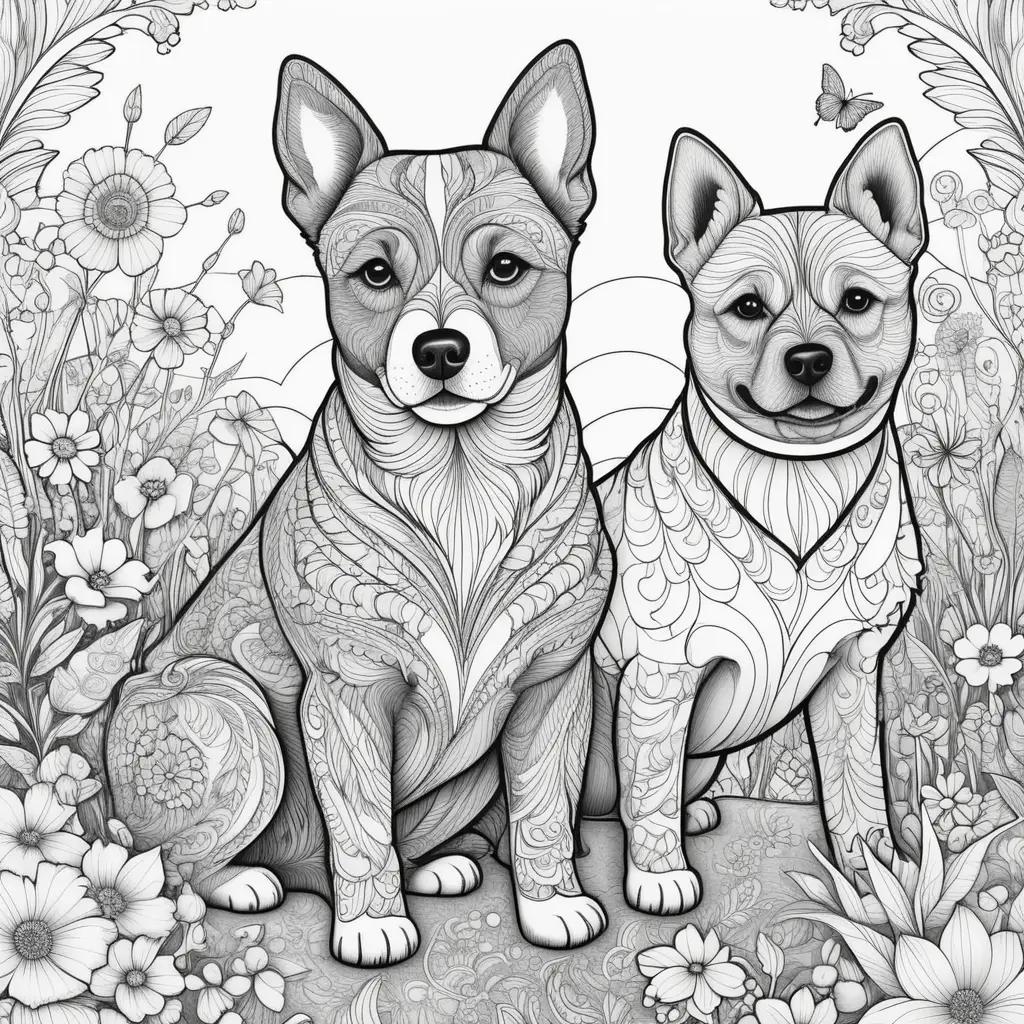 花が咲き乱れる風景の中に座って飼い主を待つ2匹の犬
