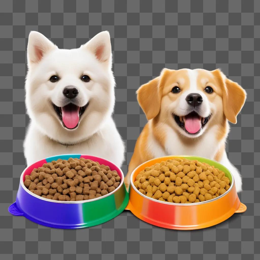 Two dogs with bowls of dog food