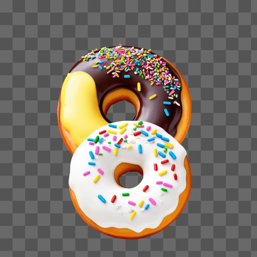 Two donuts with sprinkles and icing on a beige background