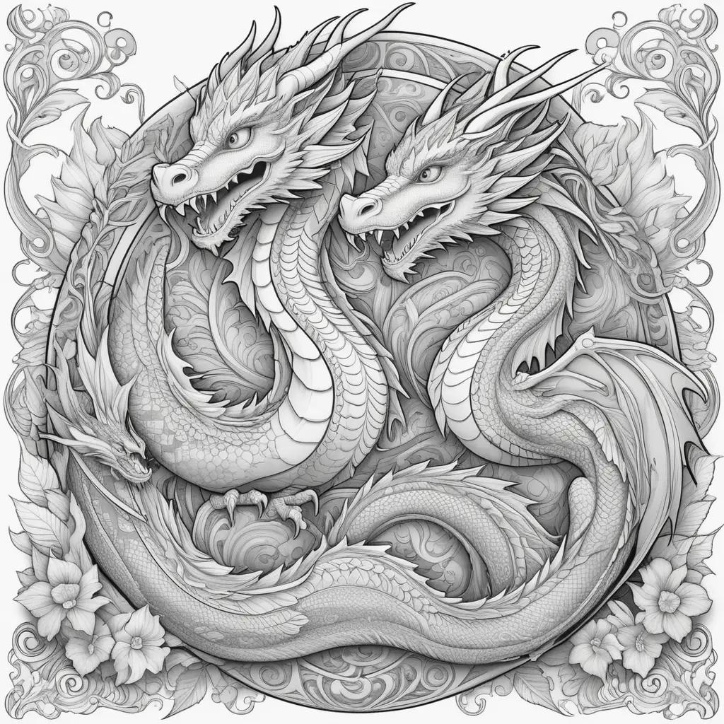 Two dragons are depicted in a black and white drawing