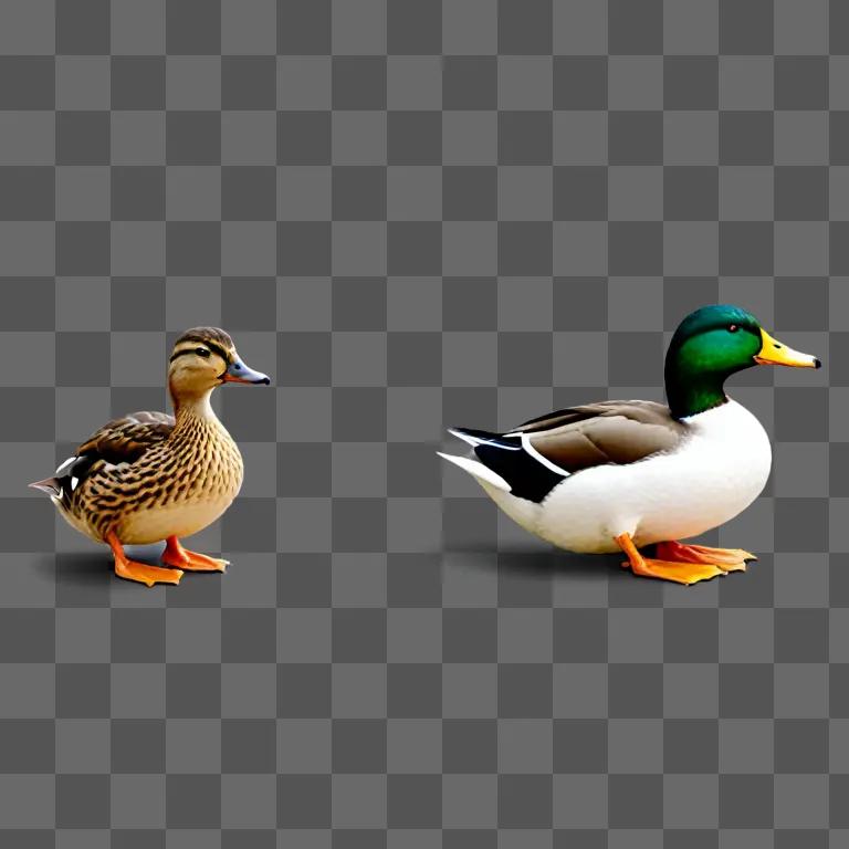 Two ducks in a gray background, one with a green head