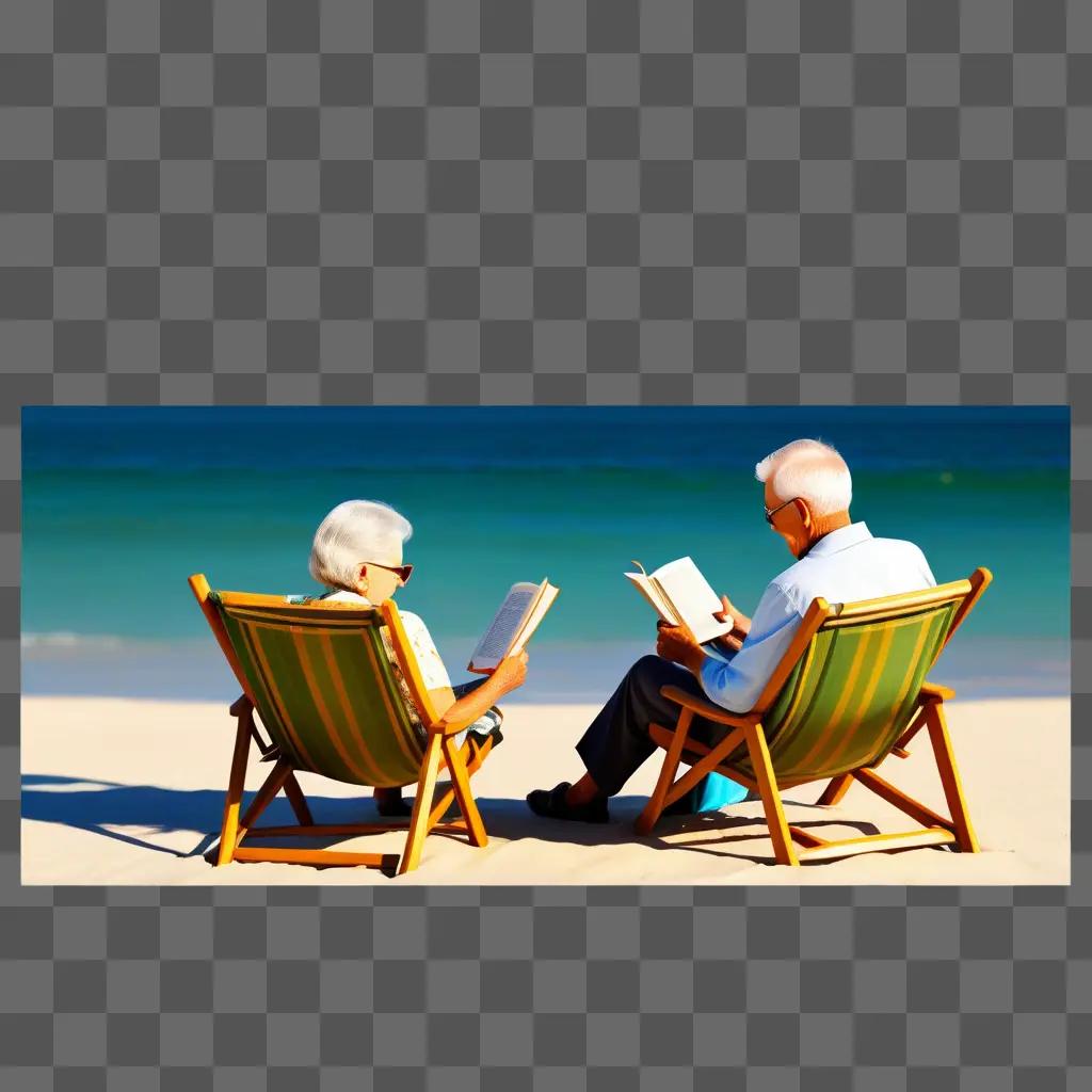 Two elderly people reading on a beach chair