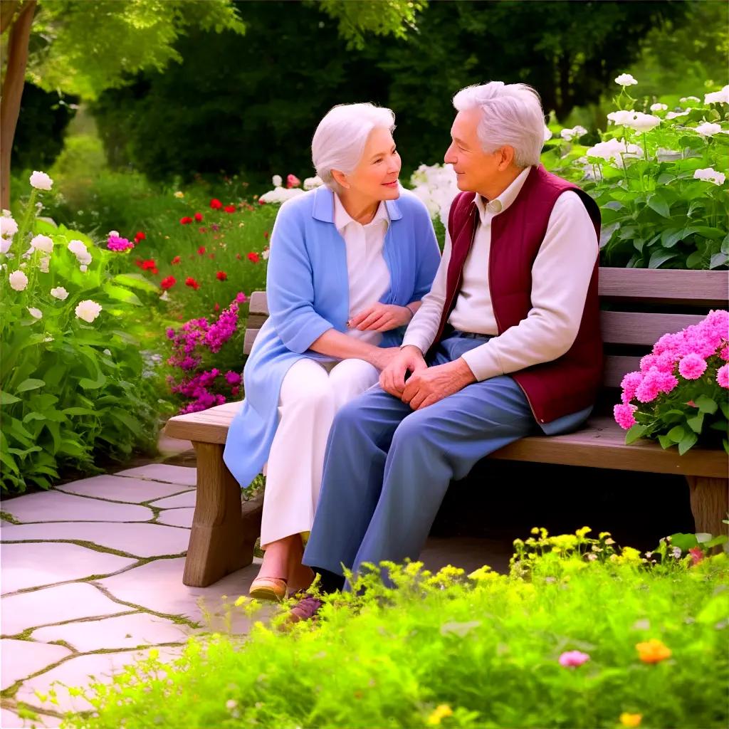 Two elderly people sit on a bench in a garden