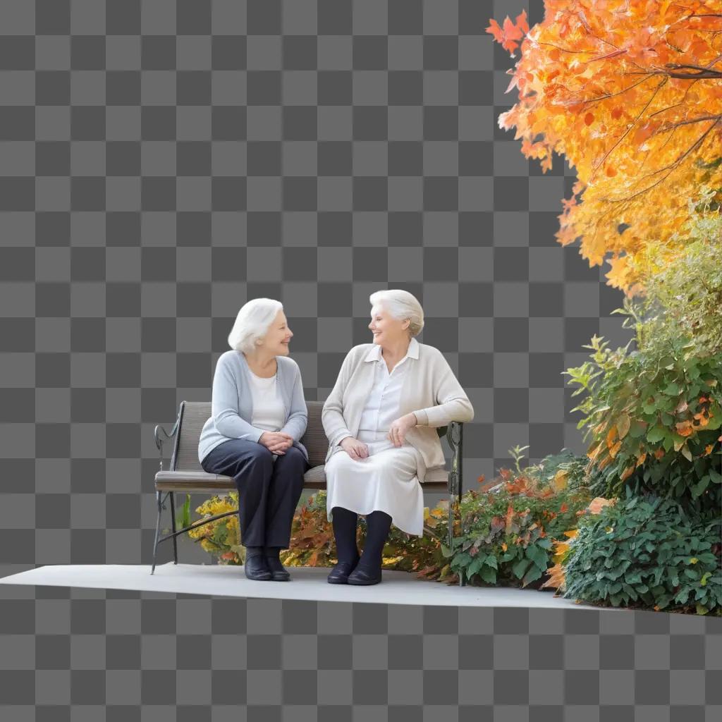 Two elderly women sit on bench, autumn leaves in background