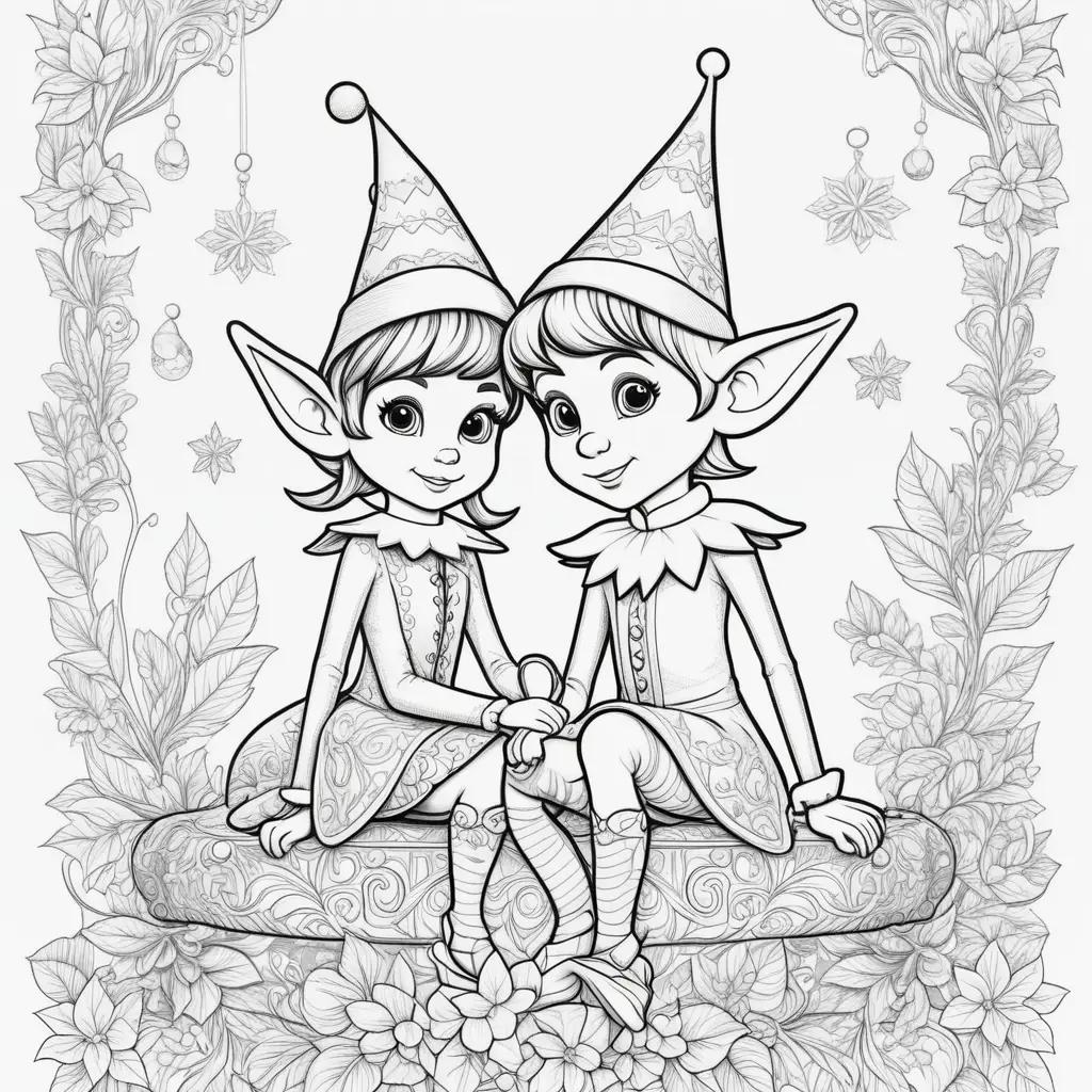 Two elfs sitting on a cushion, coloring pages with flowers