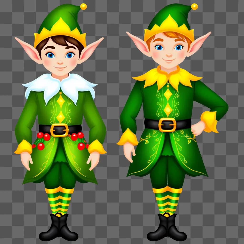 Two elves dressed in green and yellow clothes