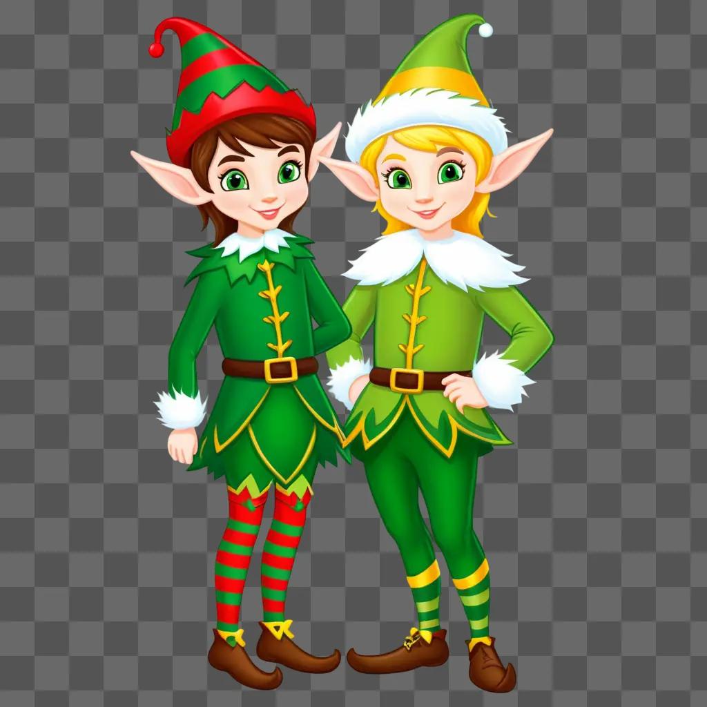 Two elves in green and red clothing pose for a picture