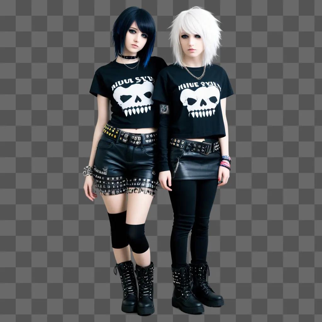 Two emo girls wearing skull shirts and leather pants