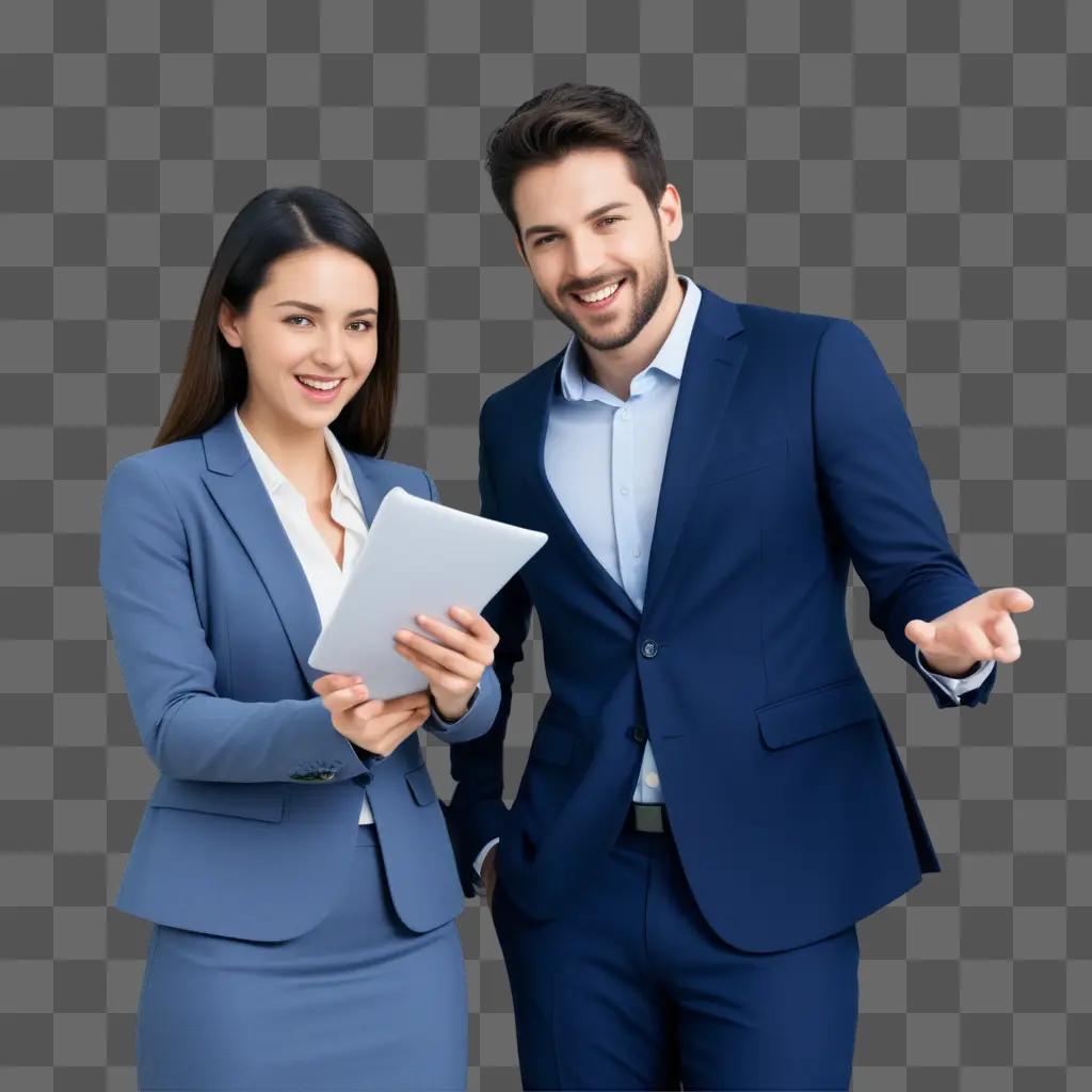 Two employees pose for a picture with a tablet