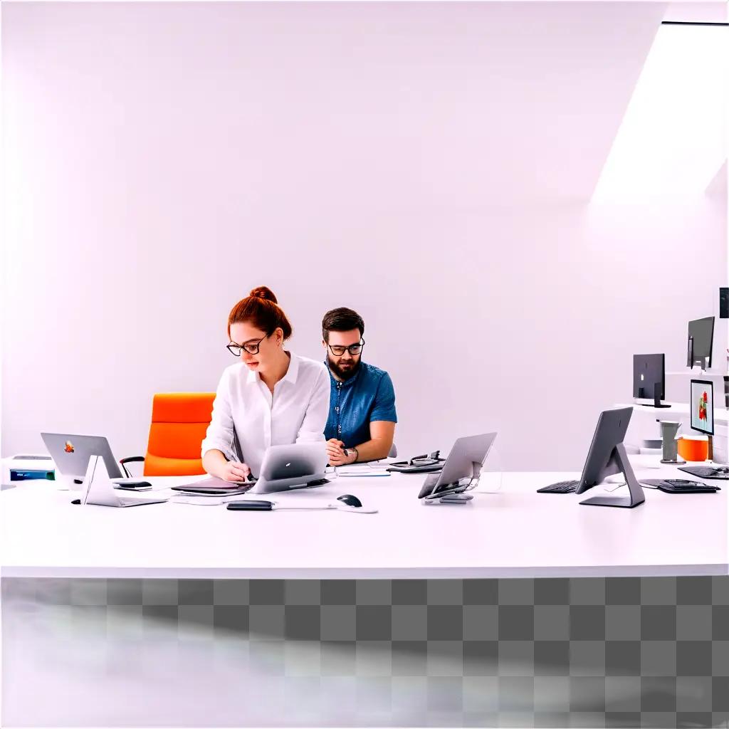 Two entrepreneurs work at a white desk in a modern office