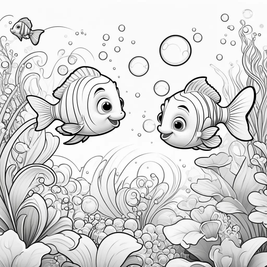 Two fish in black and white coloring pages with bubbles