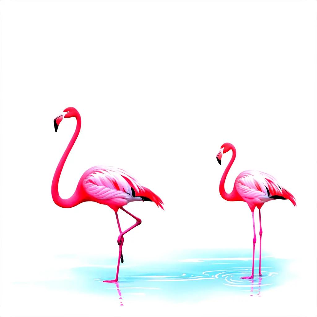 Two flamingos draw a line on the water