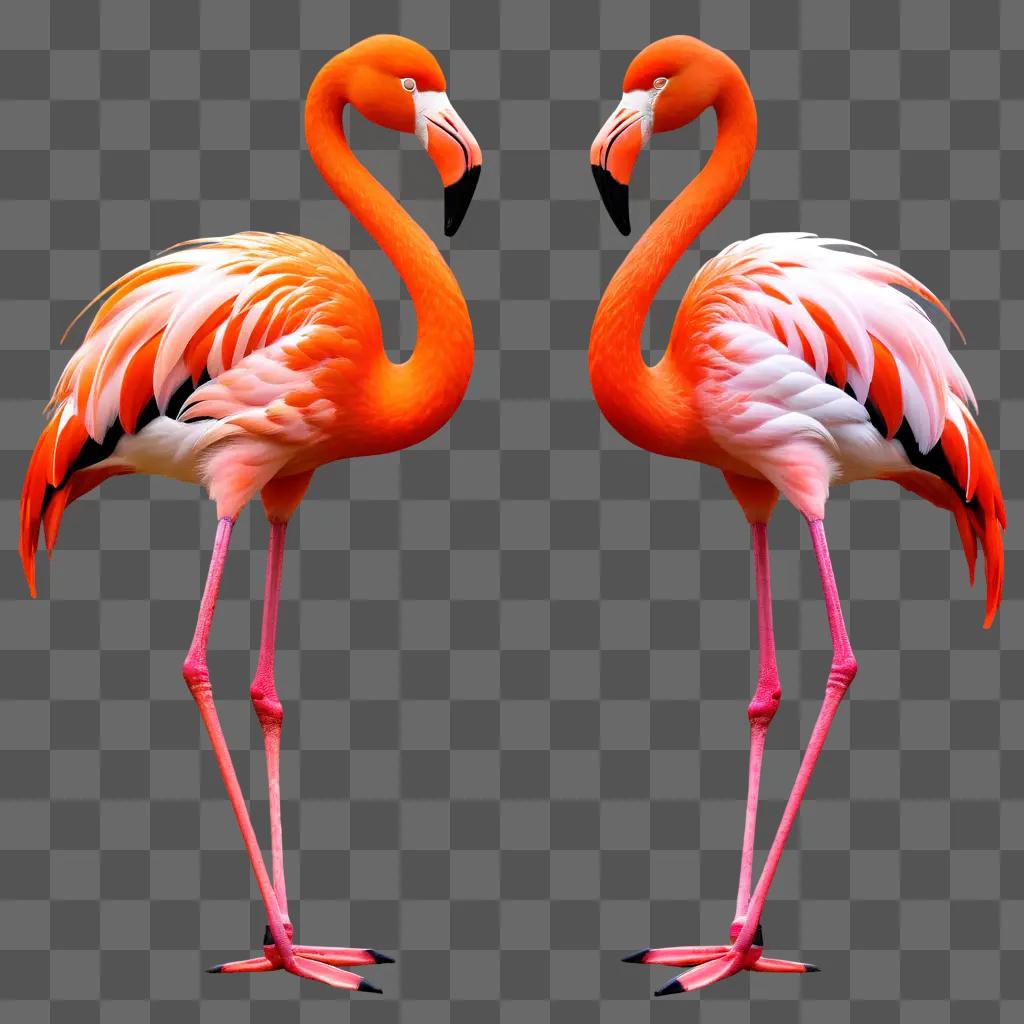 Two flamingos face each other on a pink background