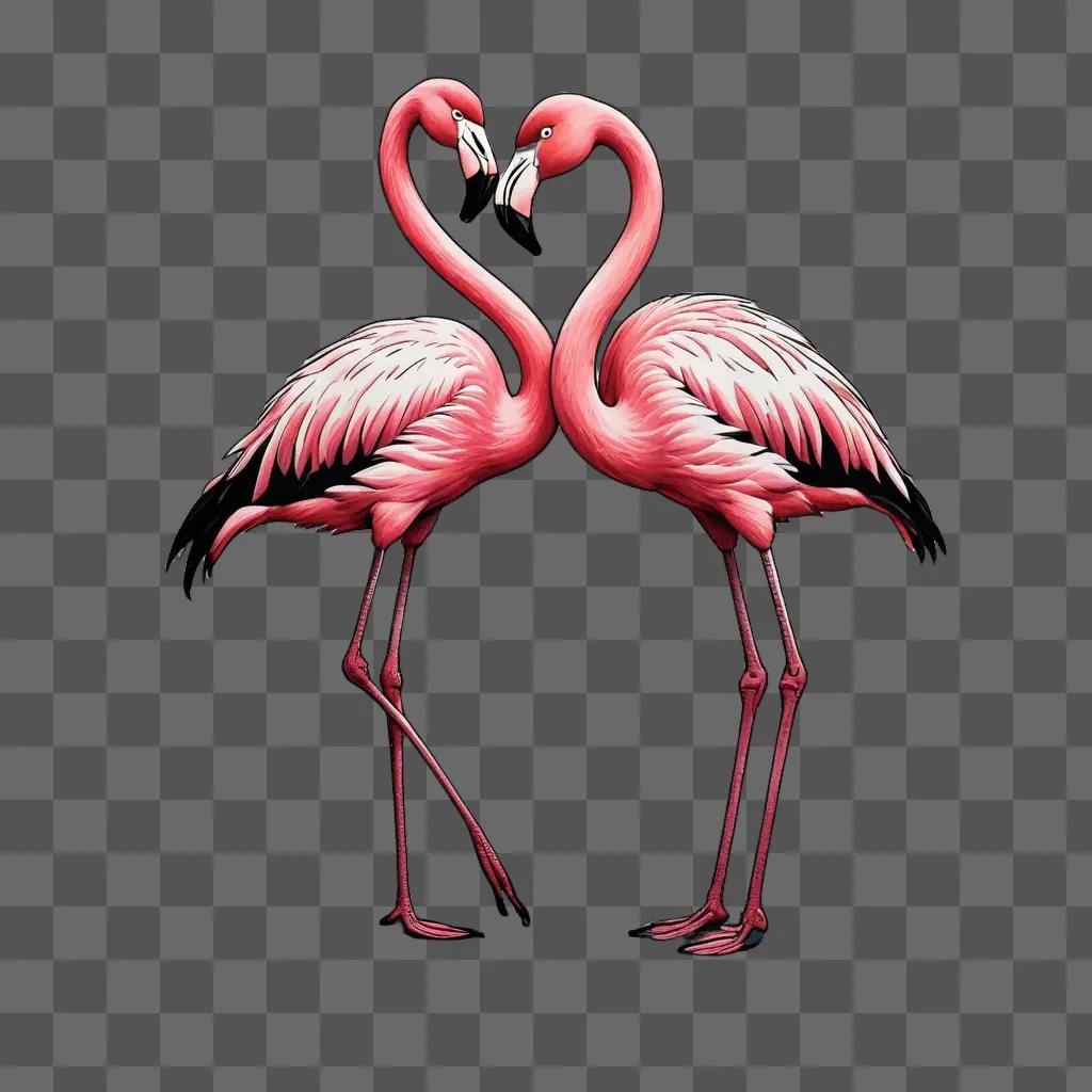 Two flamingos make a heart in a simple drawing