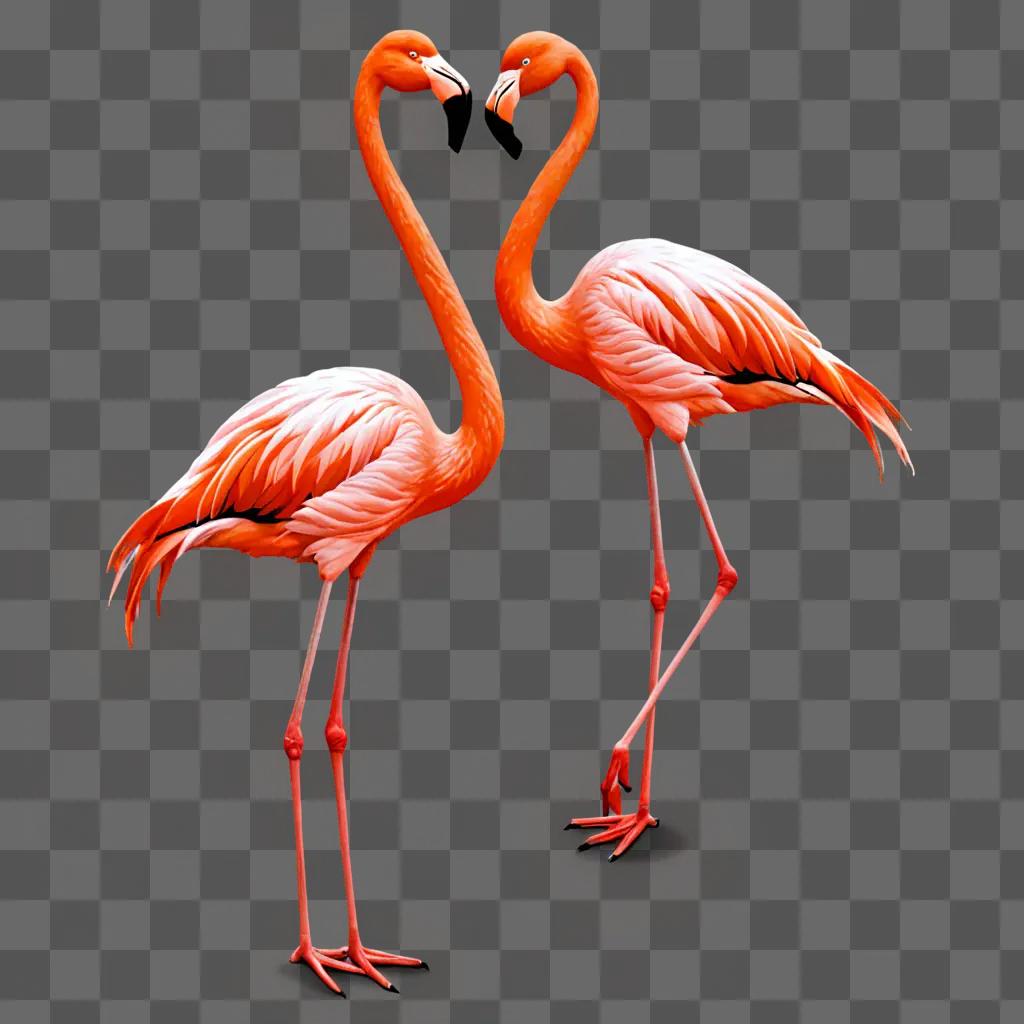 Two flamingos make a heart shape on a pink background