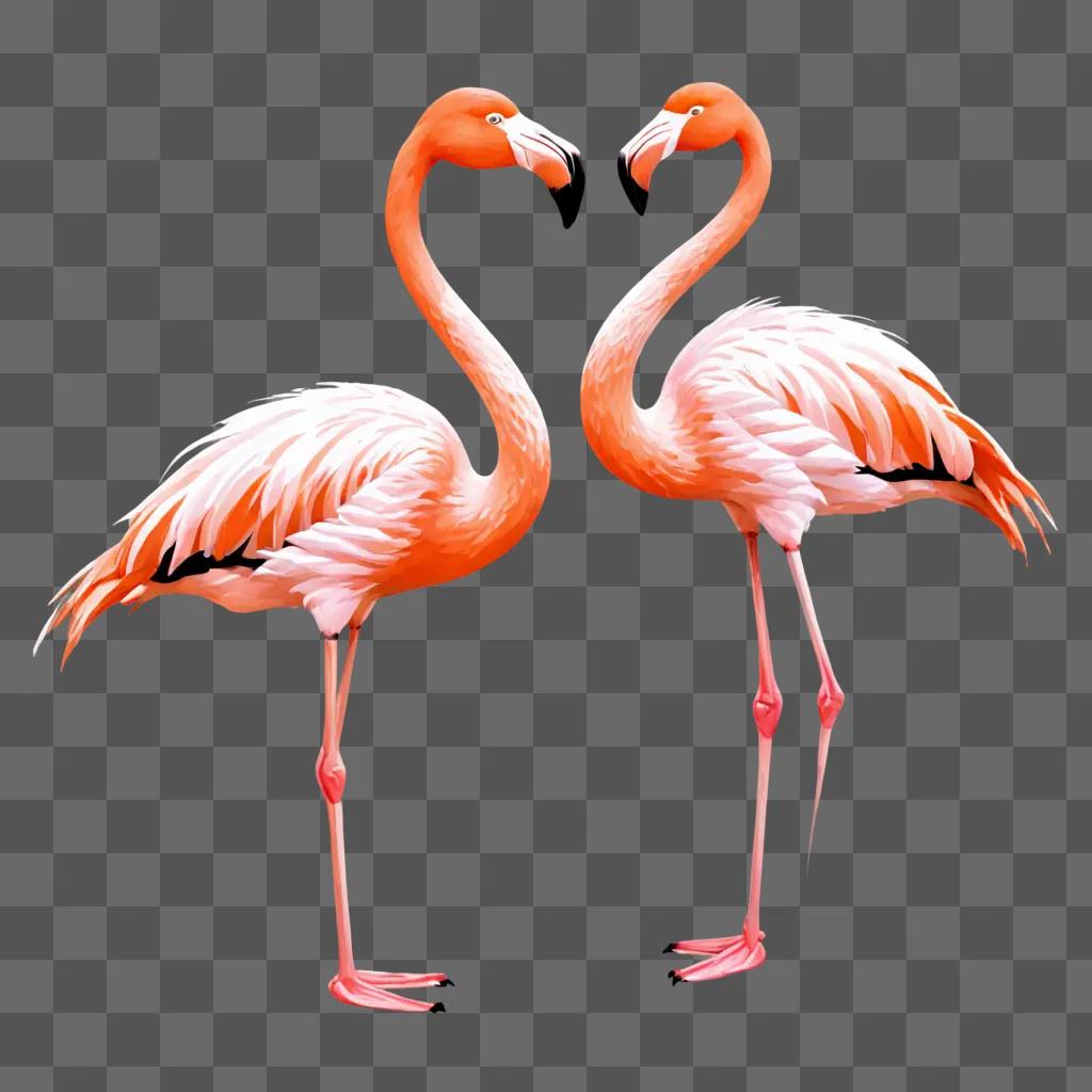 Two flamingos make a heart shape on a pink background