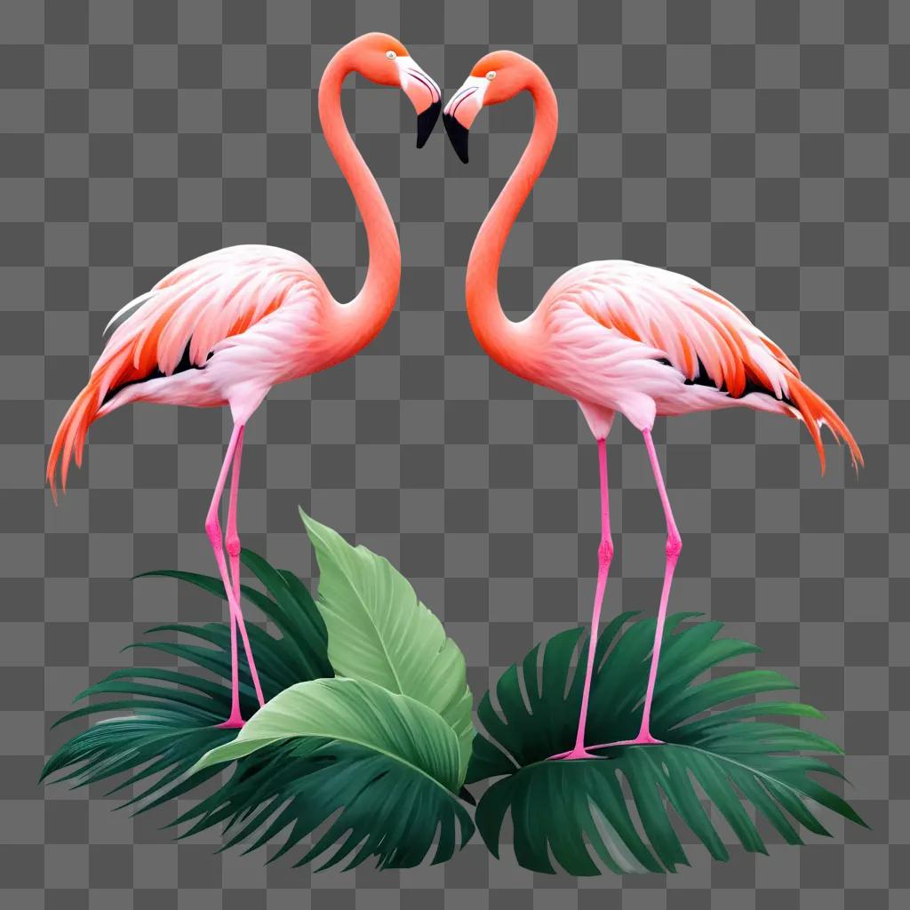 Two flamingos share a love heart in a tropical setting