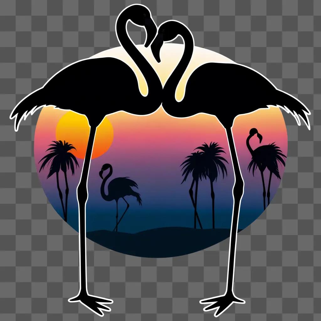 Two flamingos silhouette against a colorful background