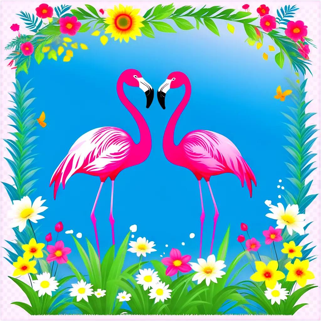 Two flamingos stand in a colorful garden