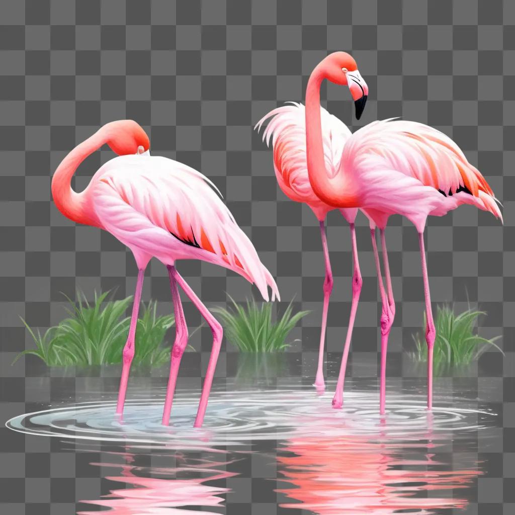 Two flamingos stand in the water in a sketch drawing