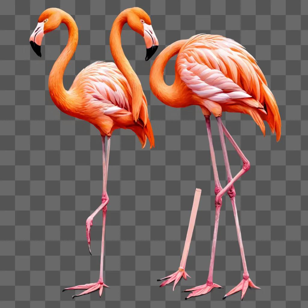 Two flamingos stand side by side in an artistic drawing