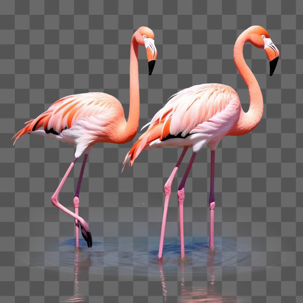 Two flamingos standing in water with pink flamingos illustrated in background