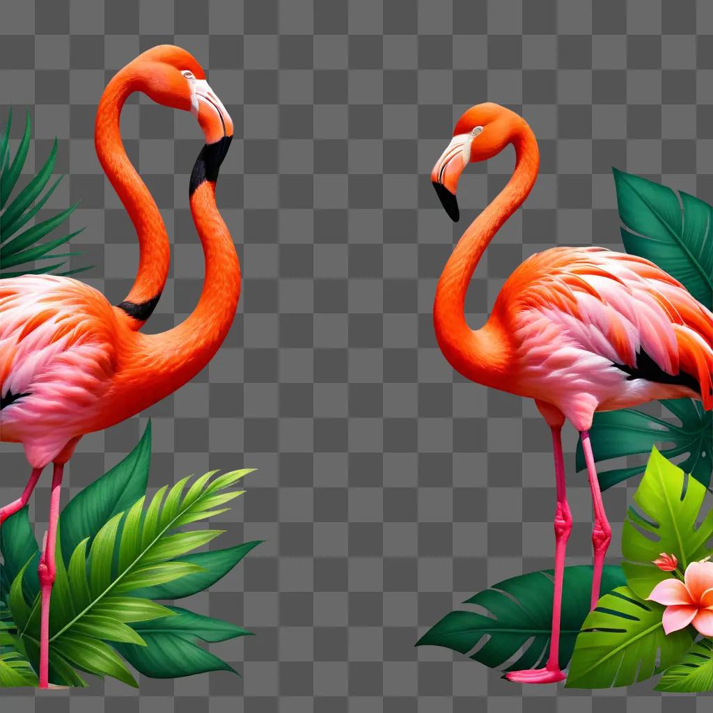 Two flamingos standing next to each other in green leaves