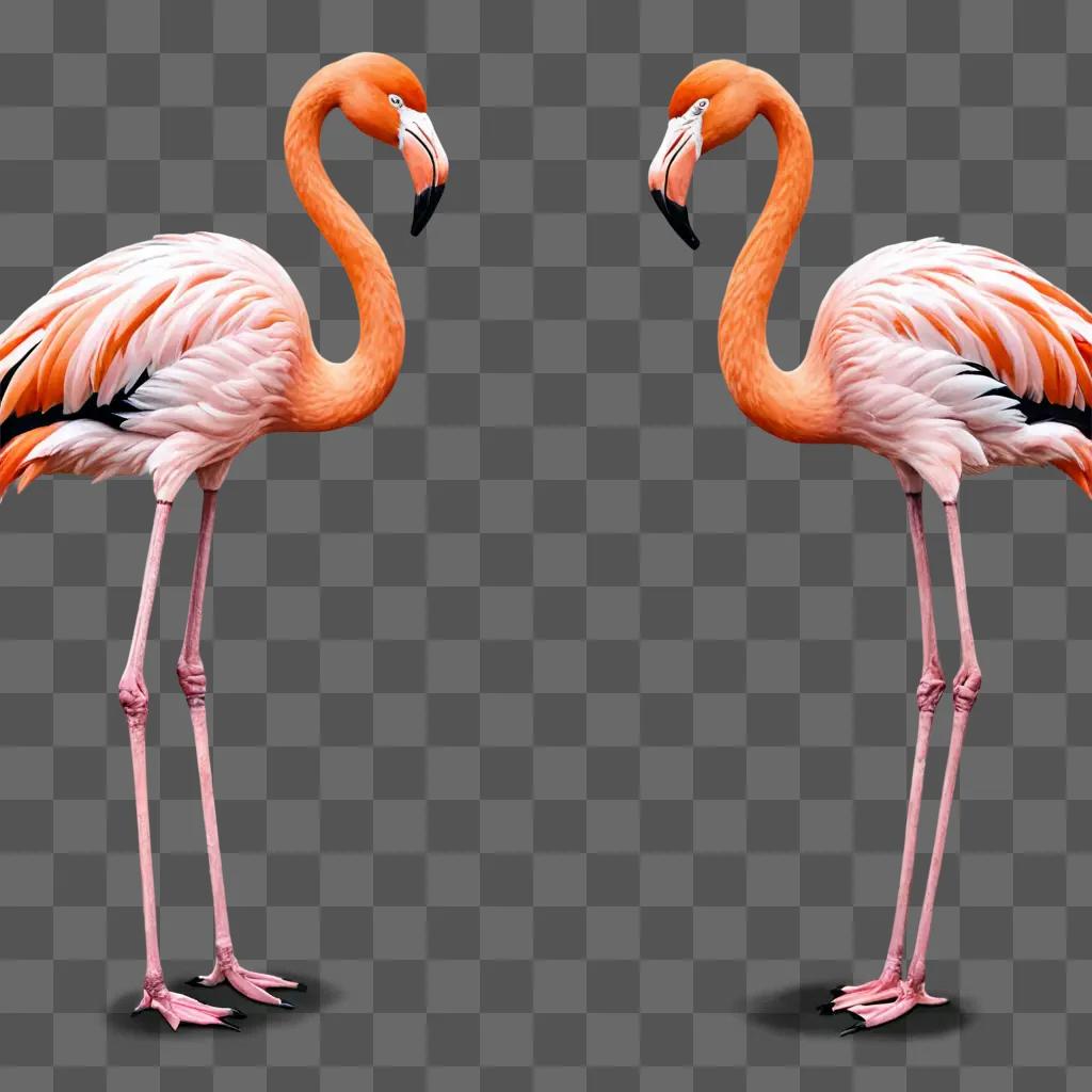 Two flamingos standing on a pink background