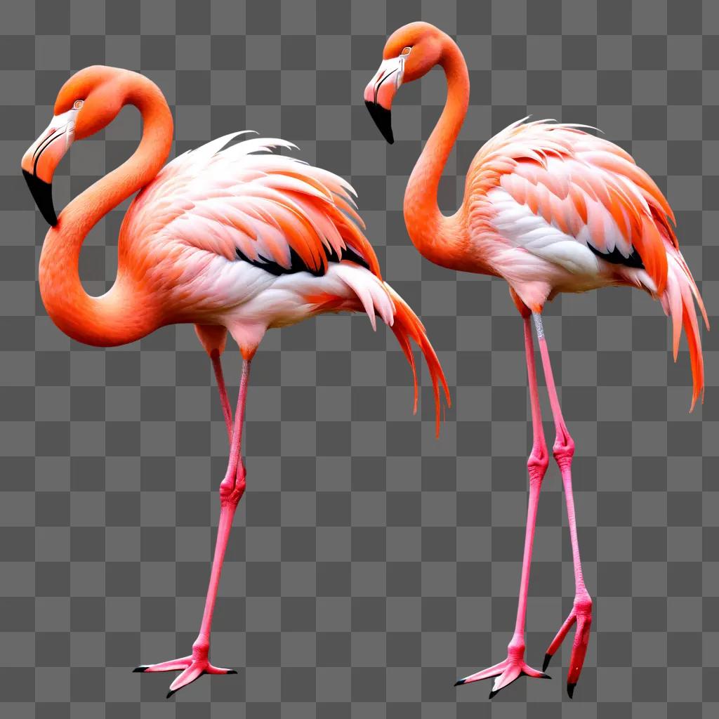 Two flamingos standing on a pink background