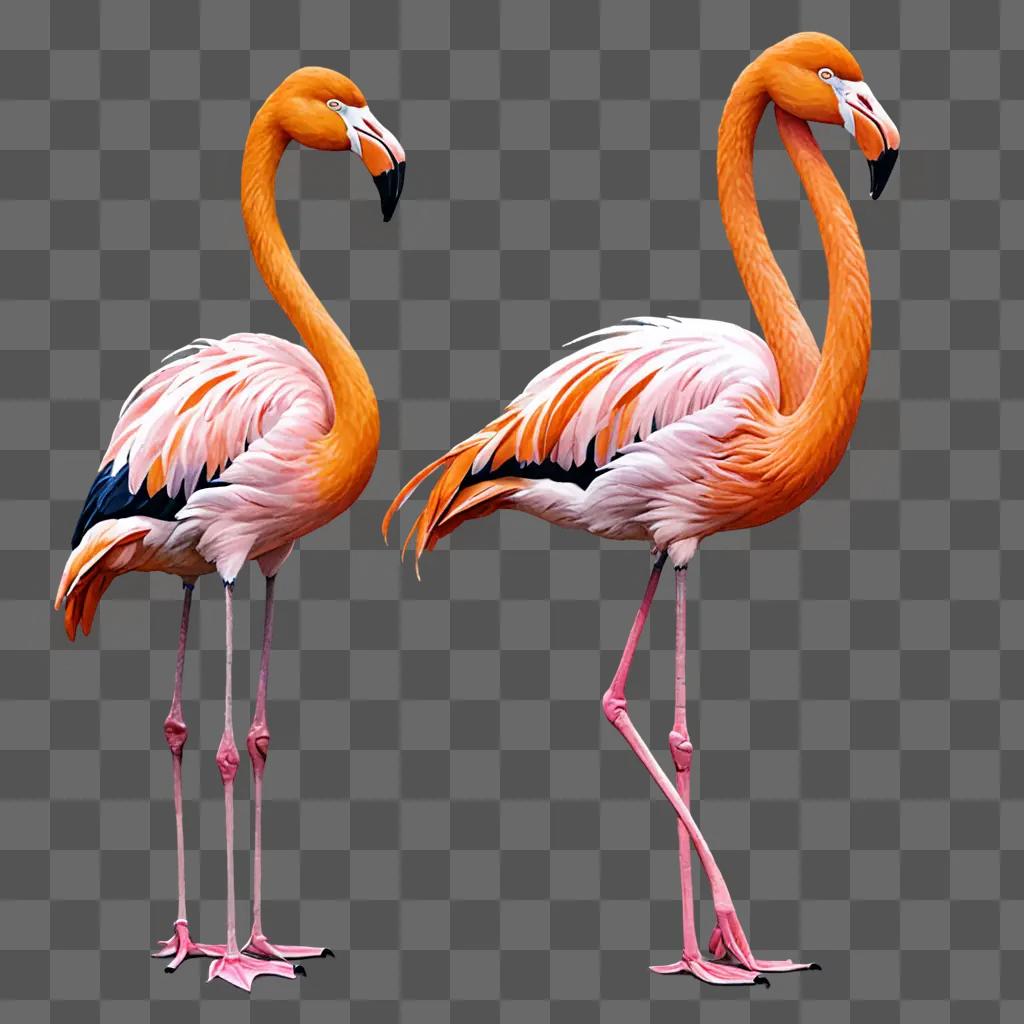 Two flamingos standing on a pink background