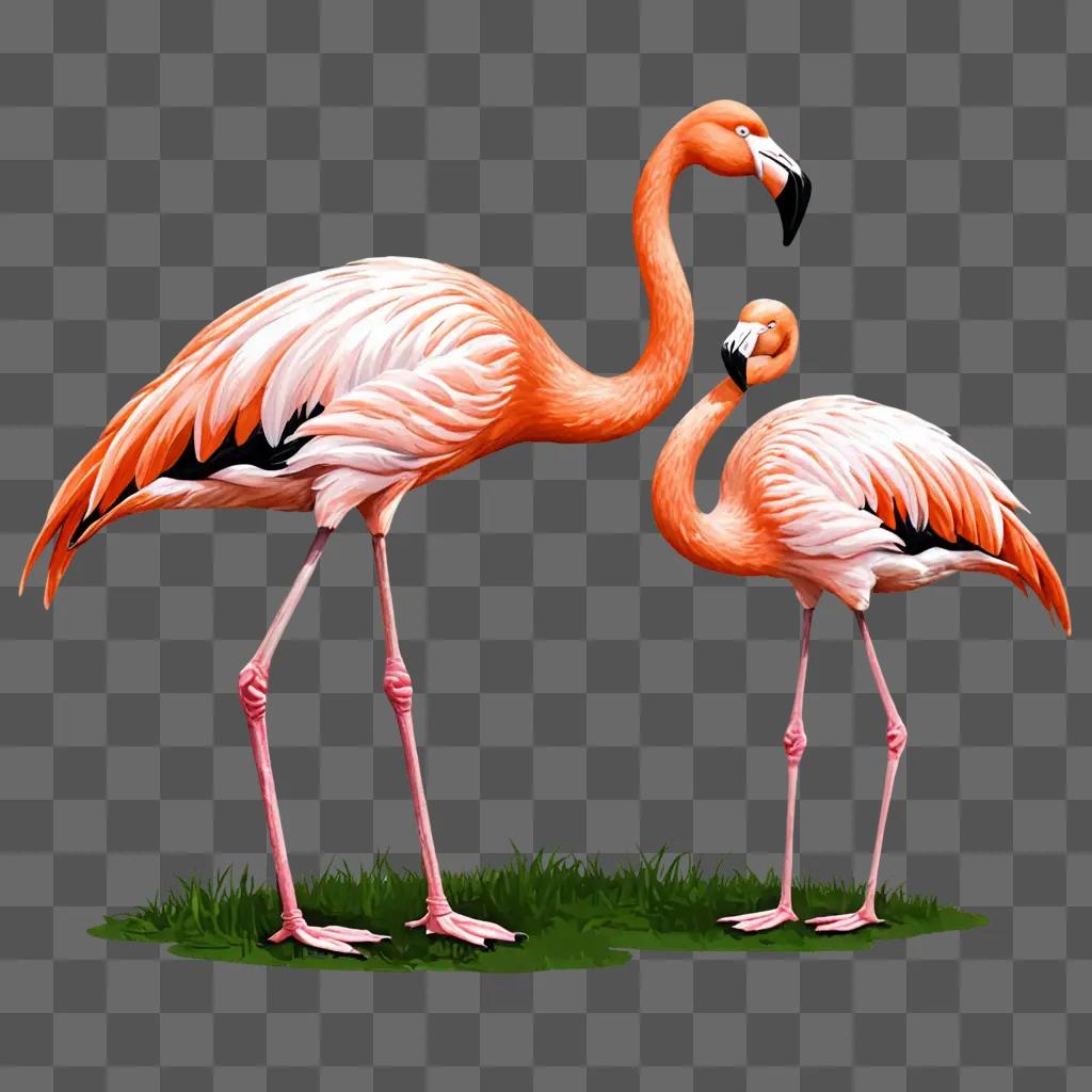 Two flamingos standing together on grass