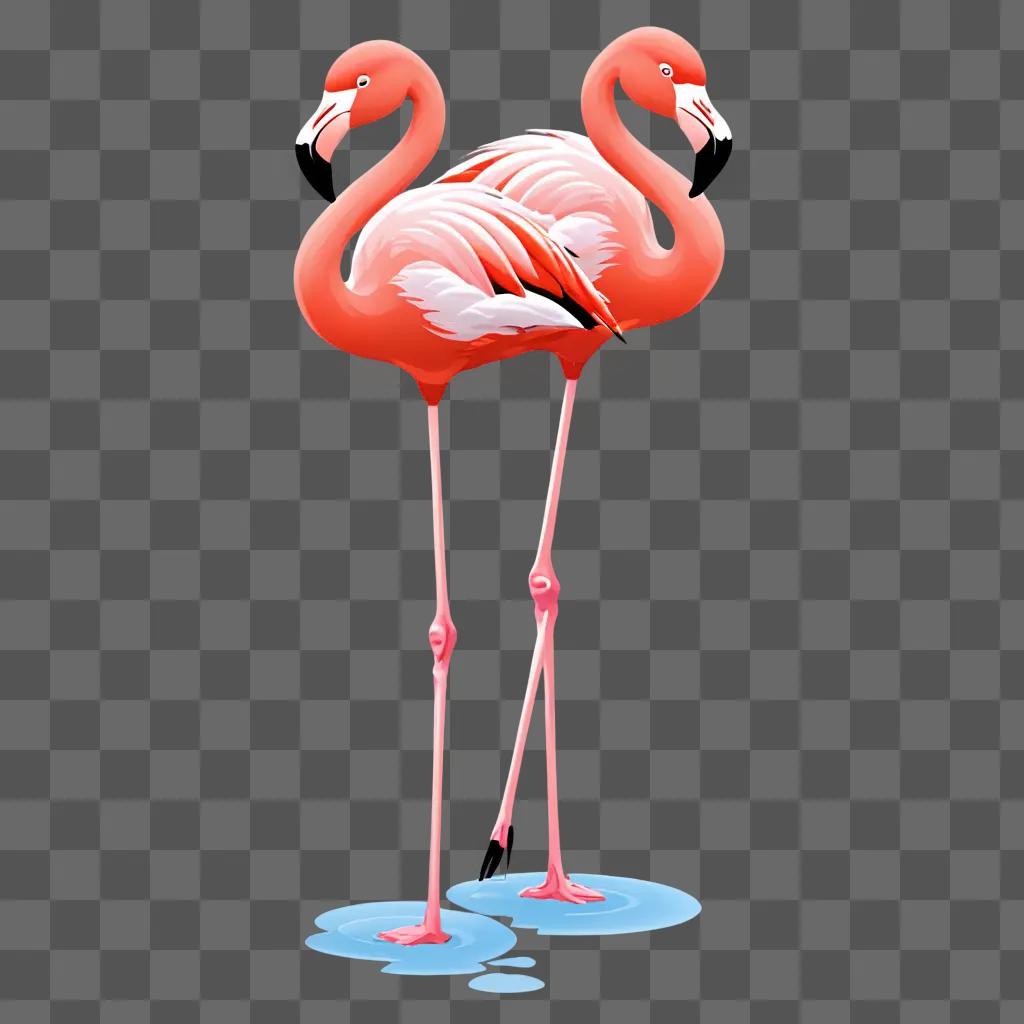 Two flamingos with black and white legs standing on pink background