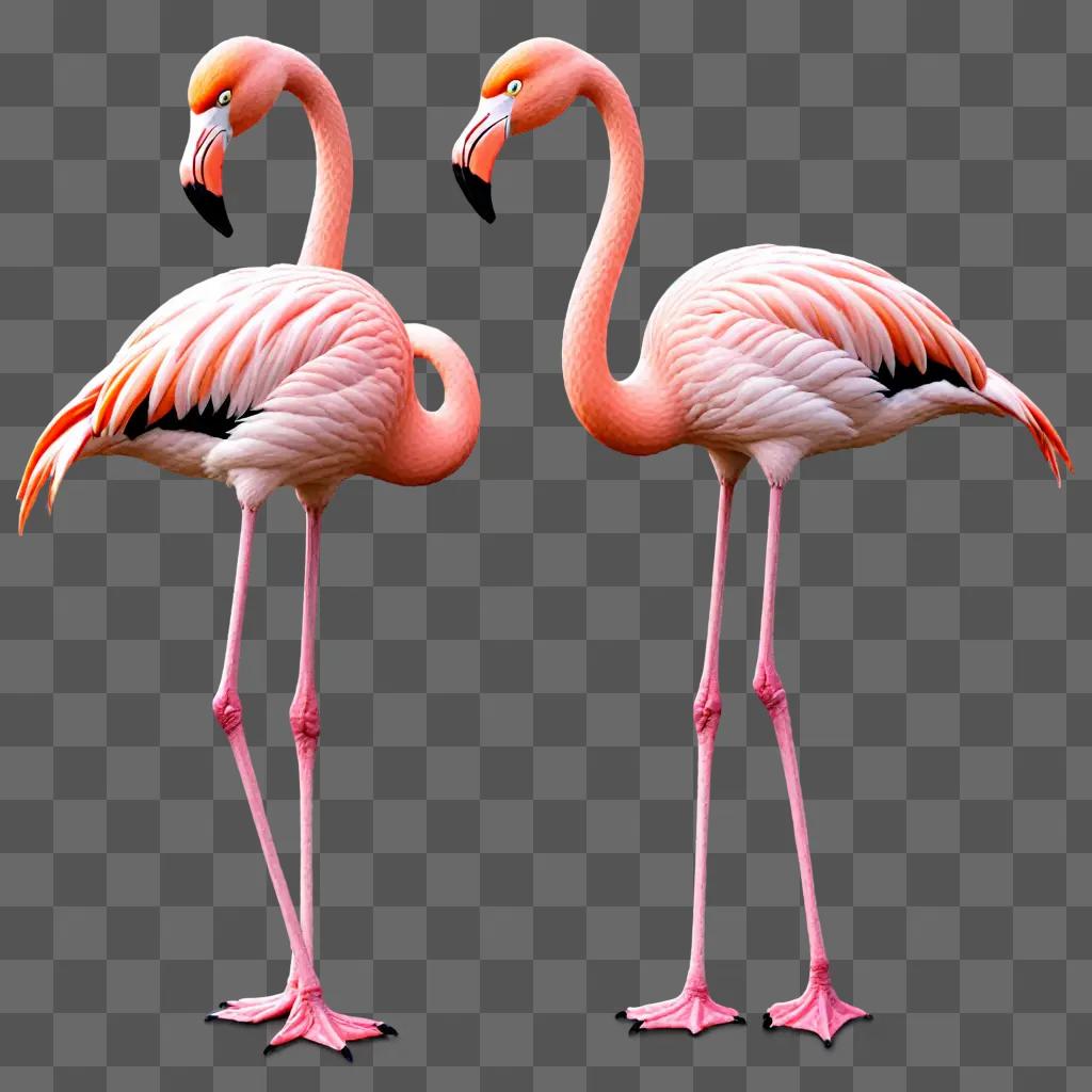 Two flamingos with pink and orange feathers