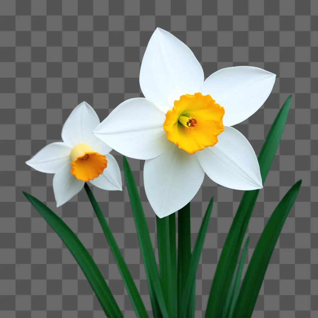 Two flowers in bloom, with green leaves