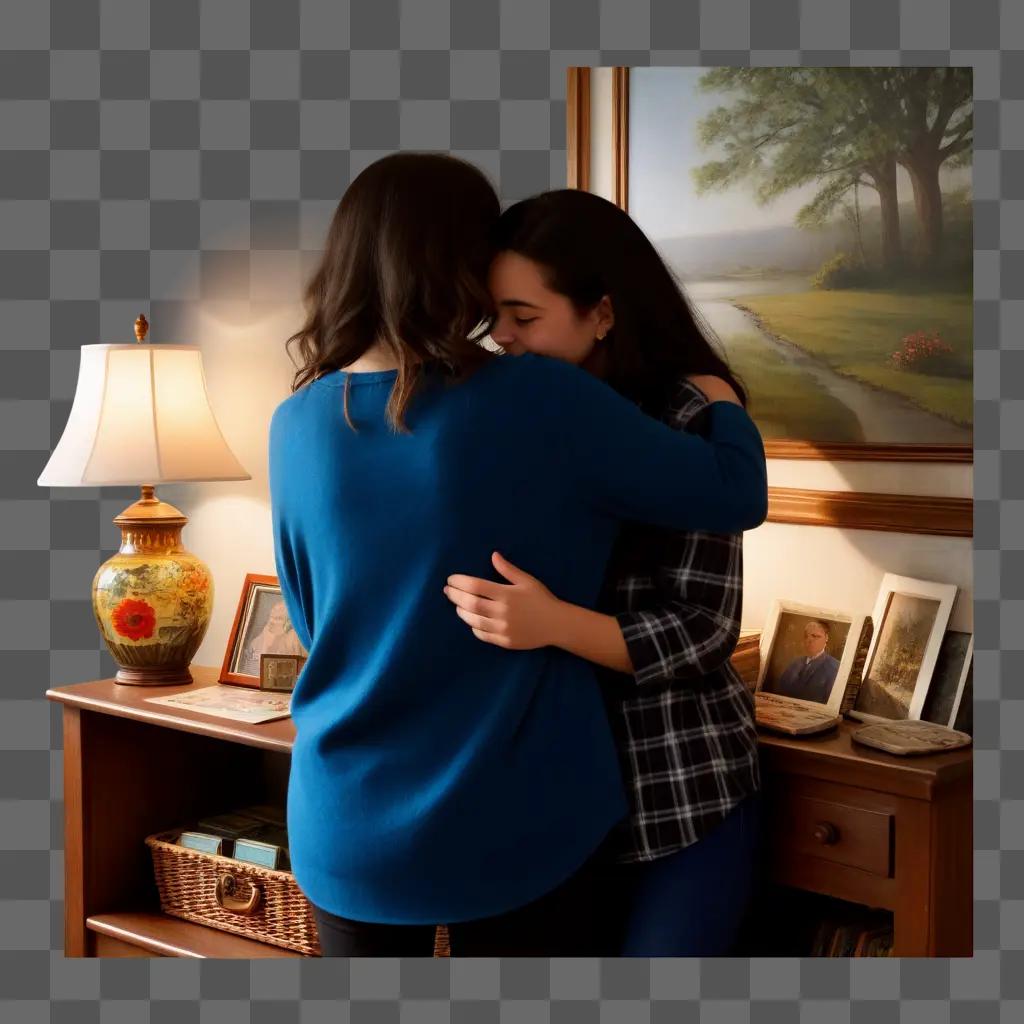 Two friends hug in front of a painting