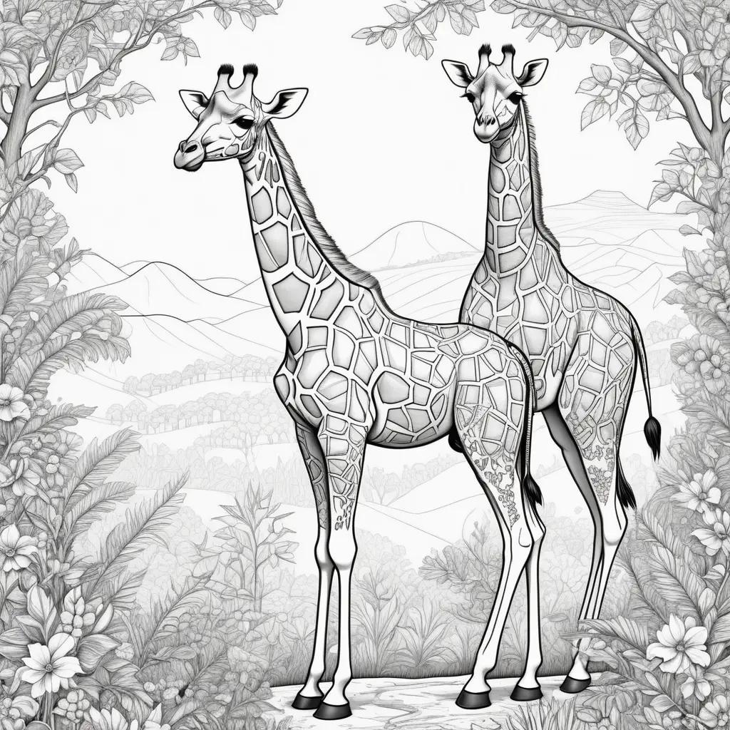 Two giraffes in a color page with a flower