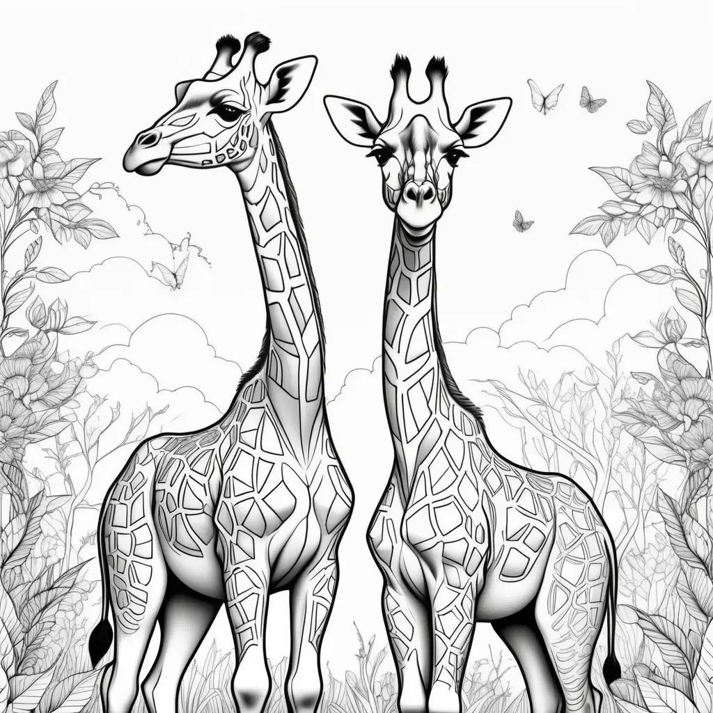 Two giraffes in a coloring page featuring flowers and butterflies