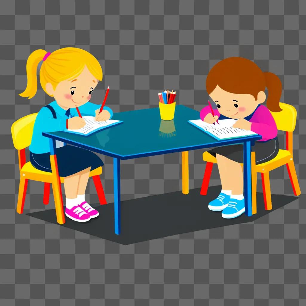 Two girls do homework at table with pencils and crayons