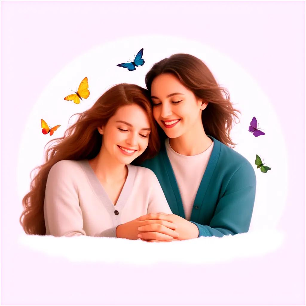 Two girls embrace in a circle of butterflies