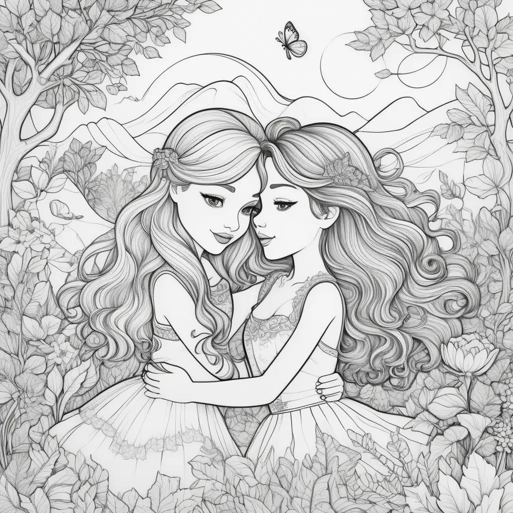 Two girls embrace in a field of flowers, surrounded by butterflies