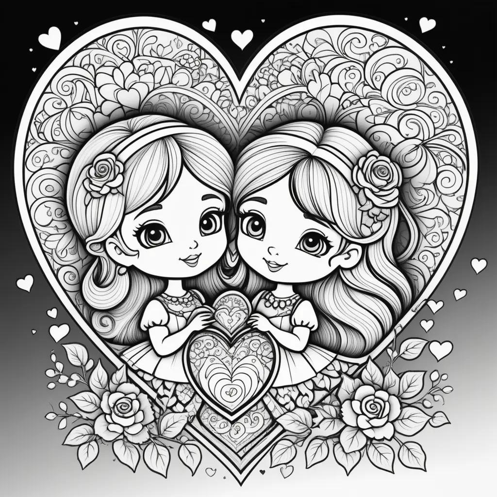 Two girls hold a heart in Valentine day coloring pages