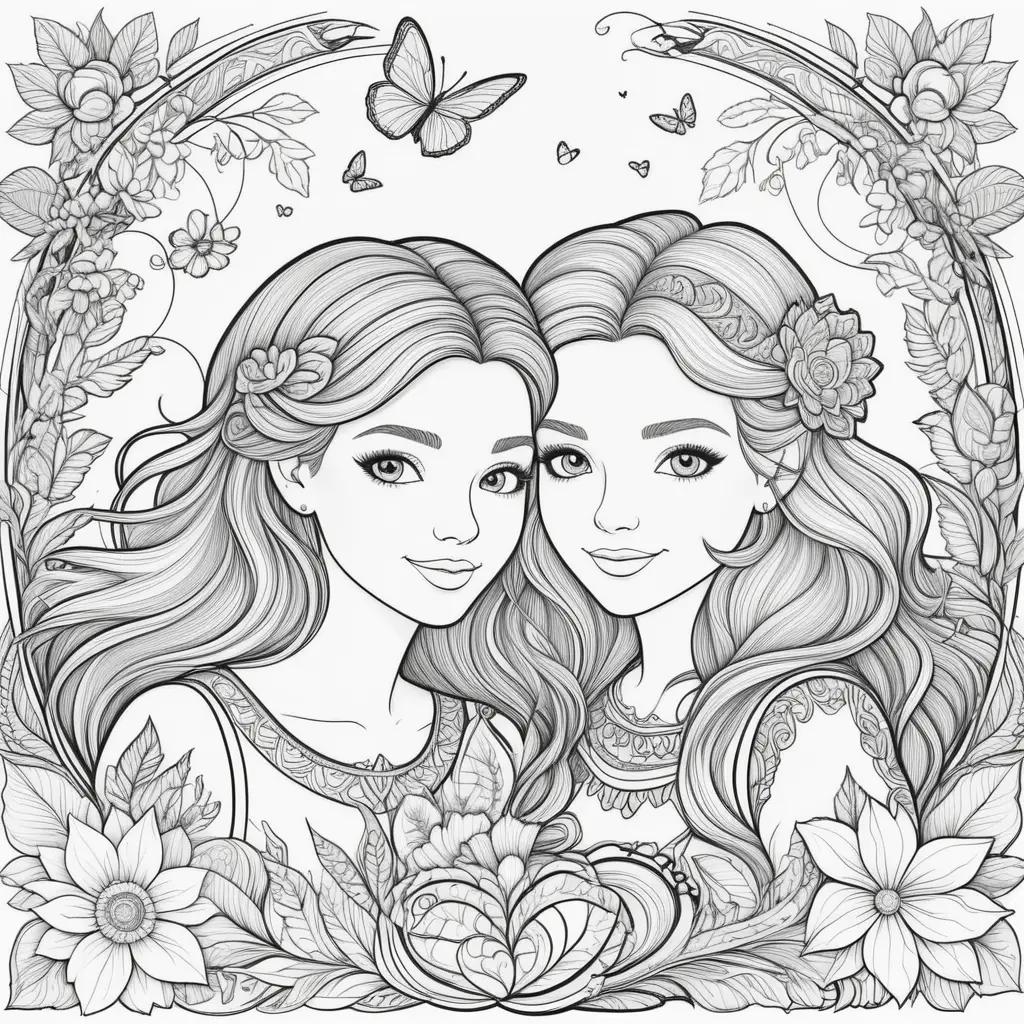 Two girls in a circle, surrounded by flowers and butterflies