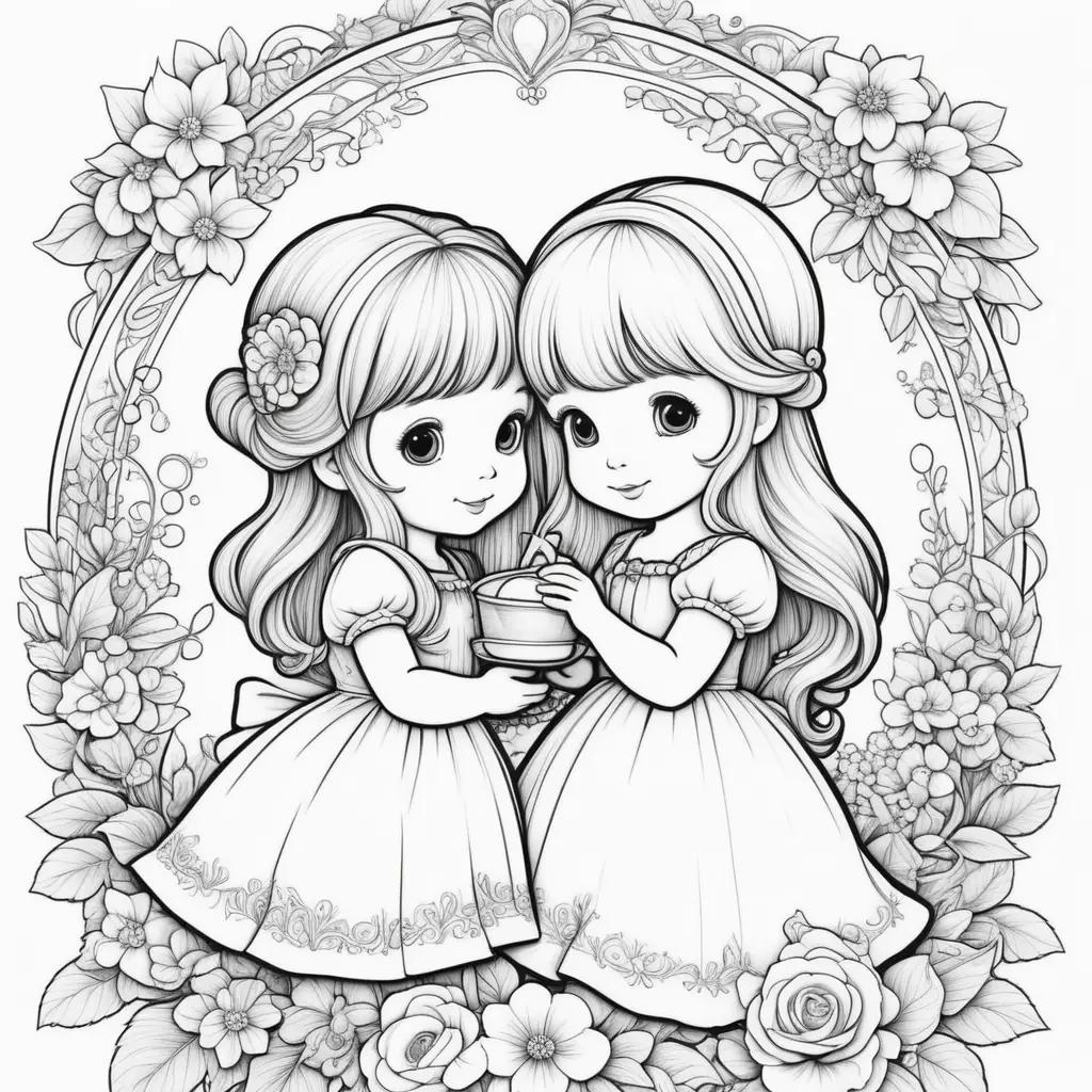 Two girls in a flower wreath coloring page