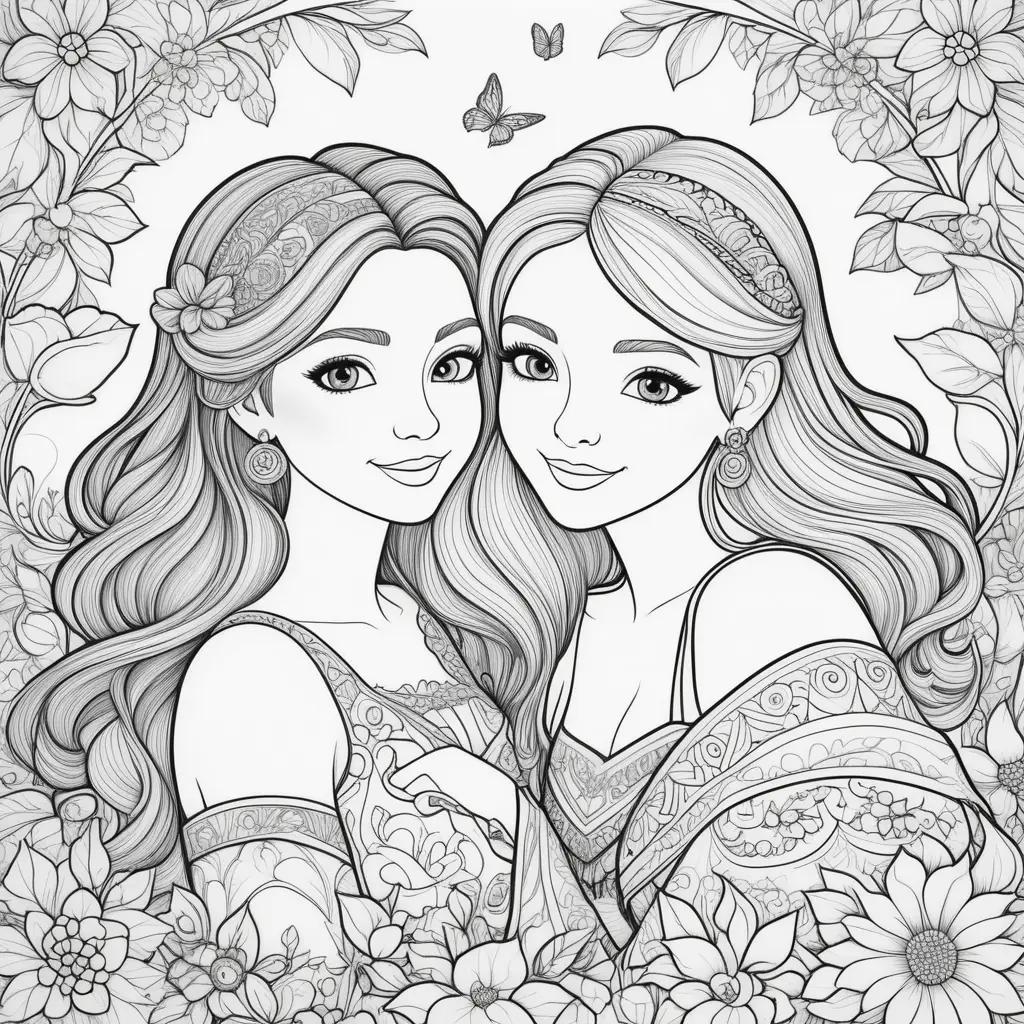 Two girls in flower coloring pages with butterflies