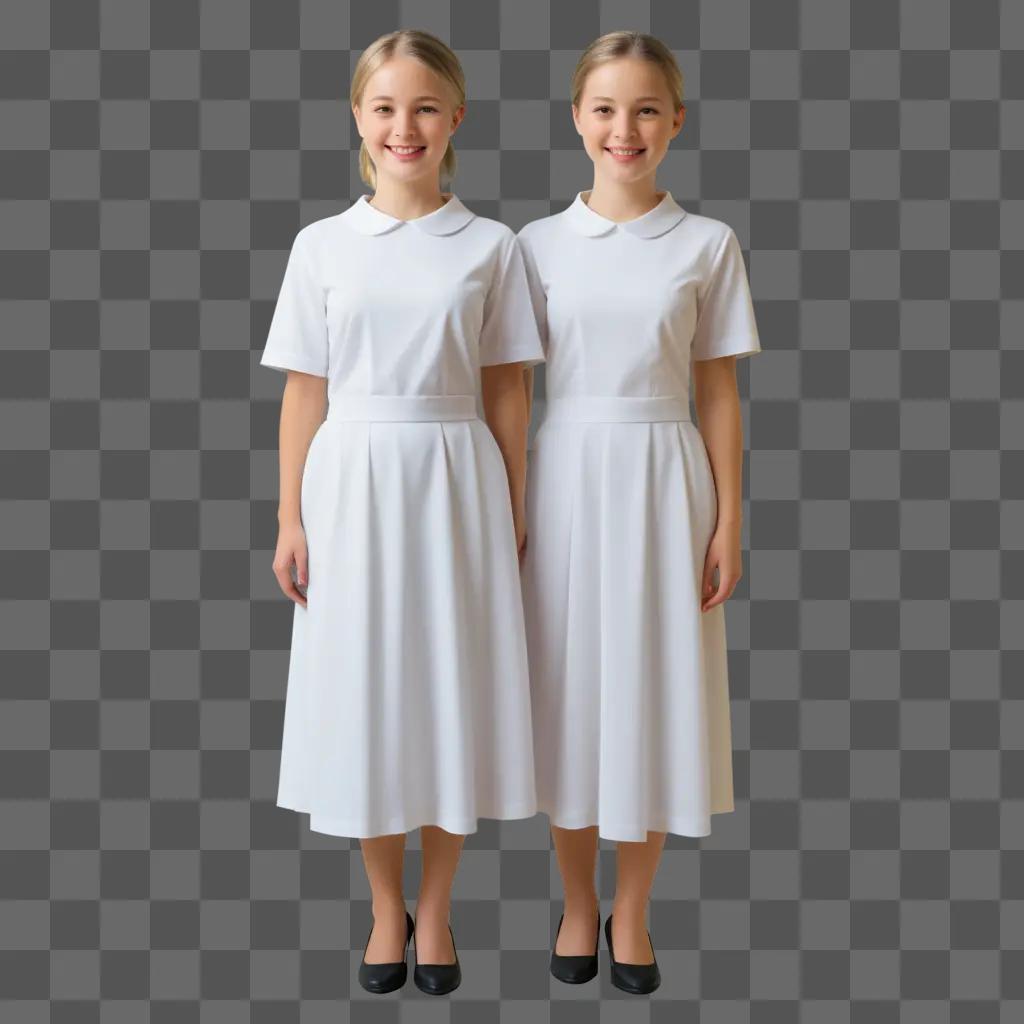 Two girls in white dresses stand side by side